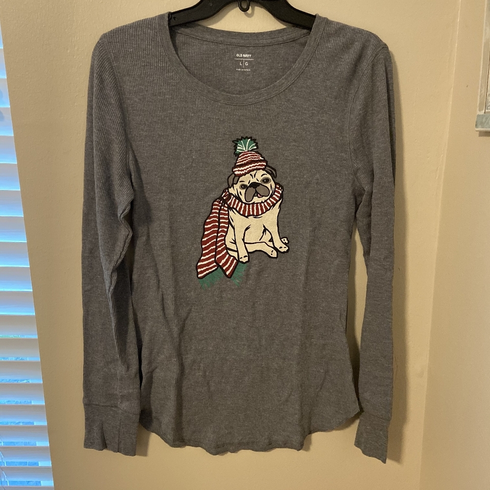 Pug Holiday Waffle Knit Long Sleeve Top